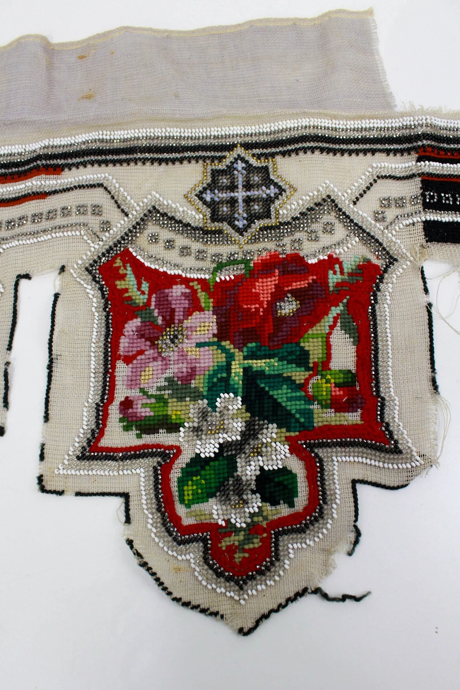 Antique Victorian Floral Needlepoint Beaded Pelmet, Mantel Decor