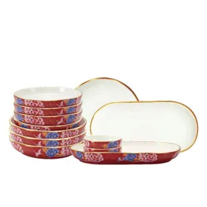 Color King 3636-12S-R Emperial Peony Plate Set With Golden Rim Red