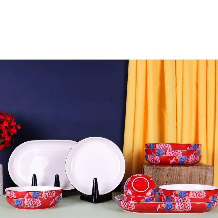 Color King 3636-12S-R Emperial Peony Plate Set With Golden Rim Red
