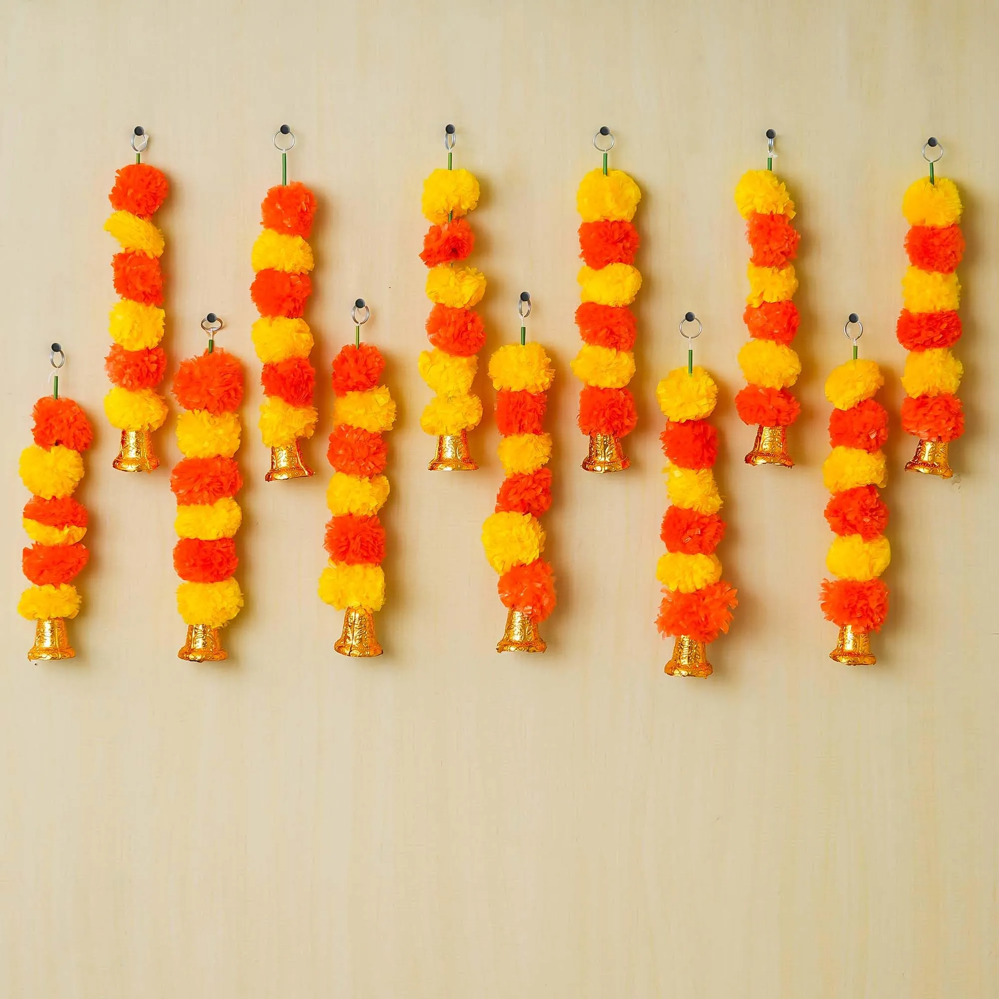 eCraftIndia Yellow Orange Artificial Marigold Flower Garland with Golden Bells (Pack of 6) - Artificial Flowers Wall/Door Hanging, Toran, Bandanwar for Home Decor - Ganpati, Diwali Decoration Items