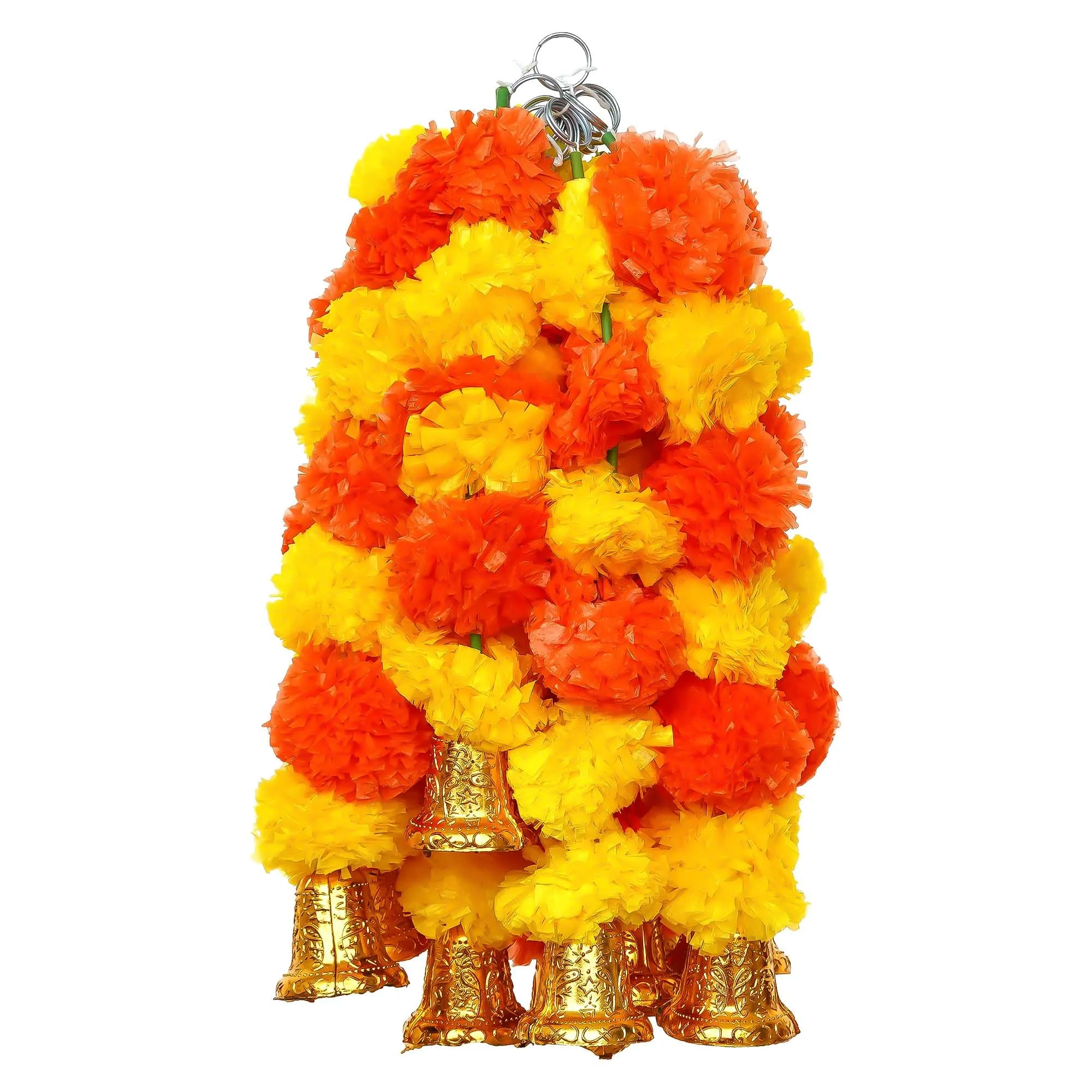 eCraftIndia Yellow Orange Artificial Marigold Flower Garland with Golden Bells (Pack of 6) - Artificial Flowers Wall/Door Hanging, Toran, Bandanwar for Home Decor - Ganpati, Diwali Decoration Items