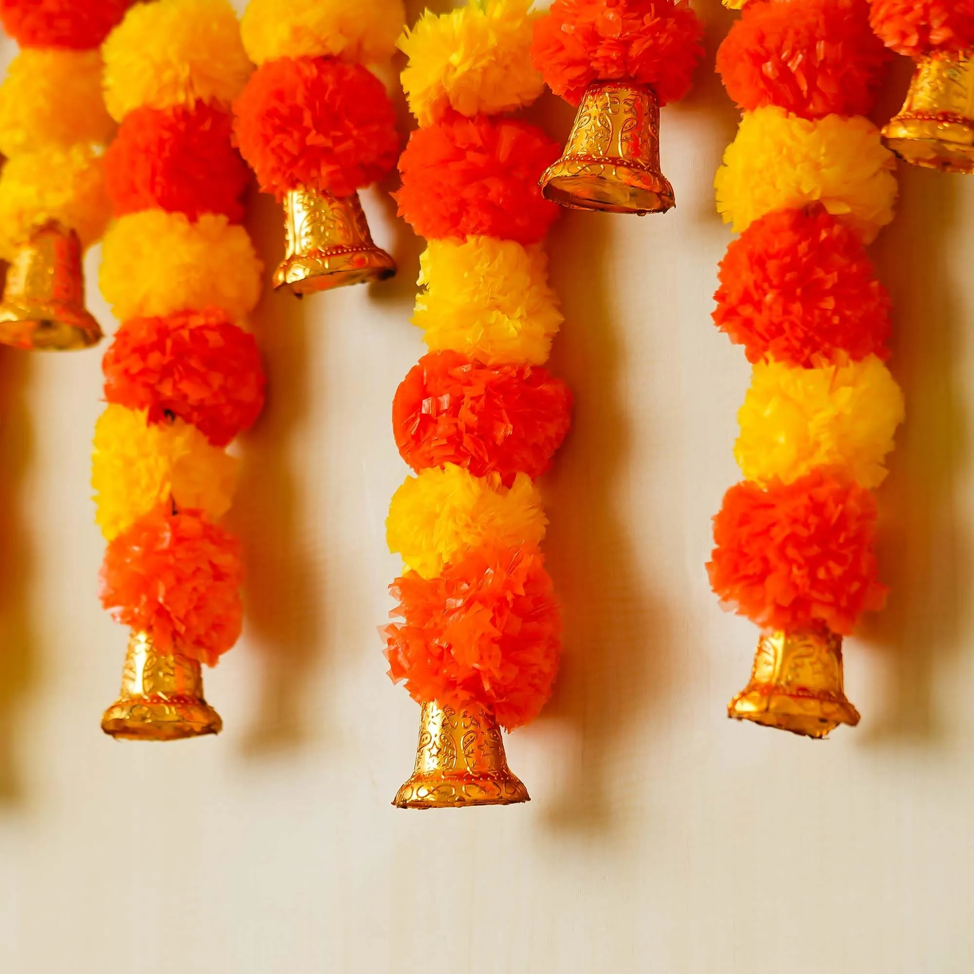 eCraftIndia Yellow Orange Artificial Marigold Flower Garland with Golden Bells (Pack of 6) - Artificial Flowers Wall/Door Hanging, Toran, Bandanwar for Home Decor - Ganpati, Diwali Decoration Items