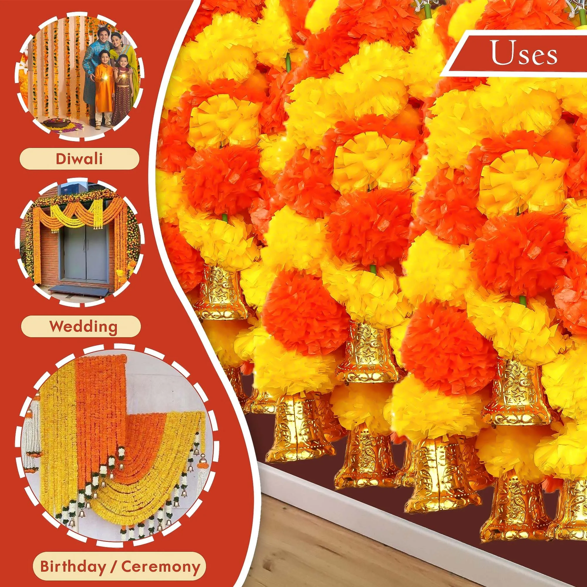 eCraftIndia Yellow Orange Artificial Marigold Flower Garland with Golden Bells (Pack of 6) - Artificial Flowers Wall/Door Hanging, Toran, Bandanwar for Home Decor - Ganpati, Diwali Decoration Items