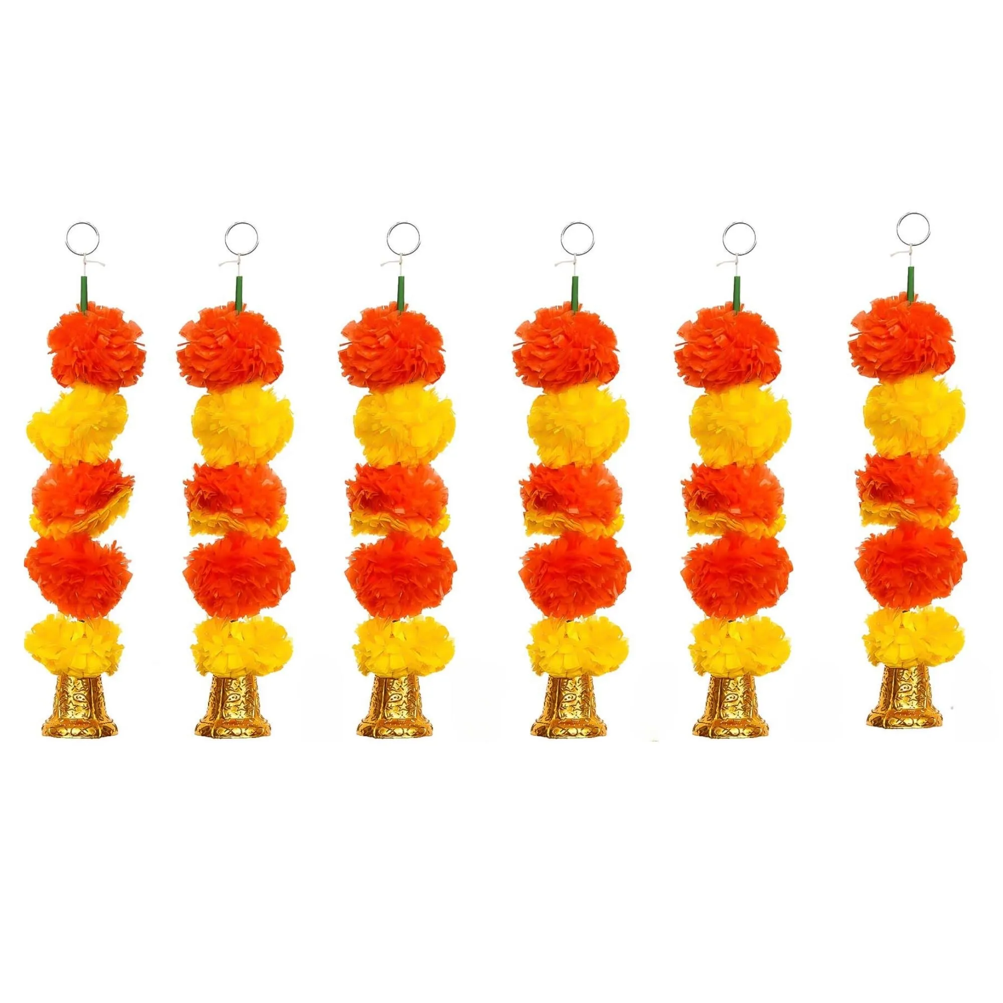 eCraftIndia Yellow Orange Artificial Marigold Flower Garland with Golden Bells (Pack of 6) - Artificial Flowers Wall/Door Hanging, Toran, Bandanwar for Home Decor - Ganpati, Diwali Decoration Items