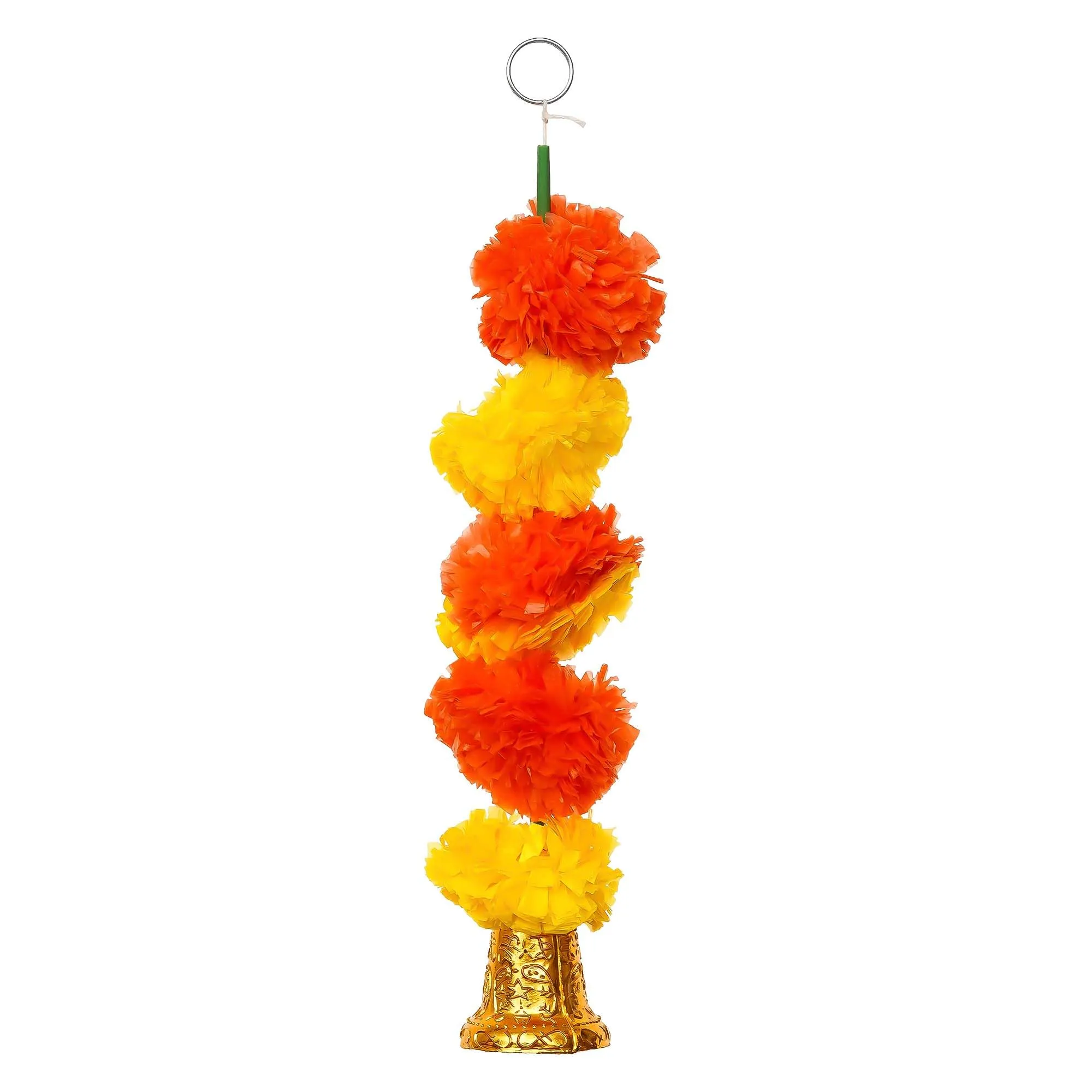 eCraftIndia Yellow Orange Artificial Marigold Flower Garland with Golden Bells (Pack of 6) - Artificial Flowers Wall/Door Hanging, Toran, Bandanwar for Home Decor - Ganpati, Diwali Decoration Items