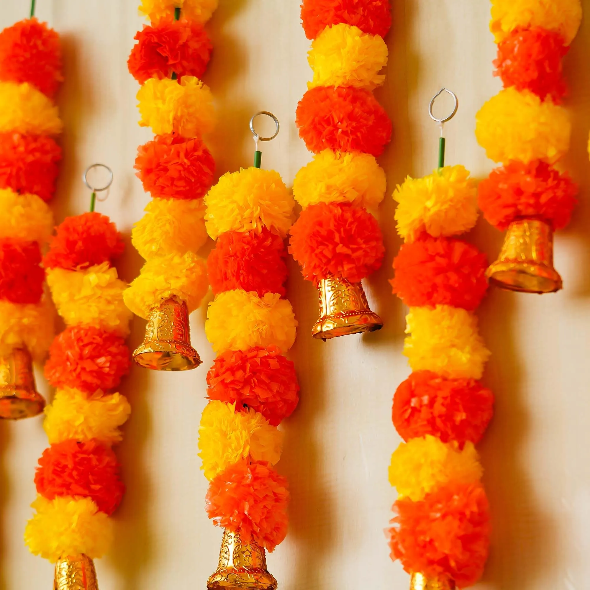 eCraftIndia Yellow Orange Artificial Marigold Flower Garland with Golden Bells (Pack of 6) - Artificial Flowers Wall/Door Hanging, Toran, Bandanwar for Home Decor - Ganpati, Diwali Decoration Items