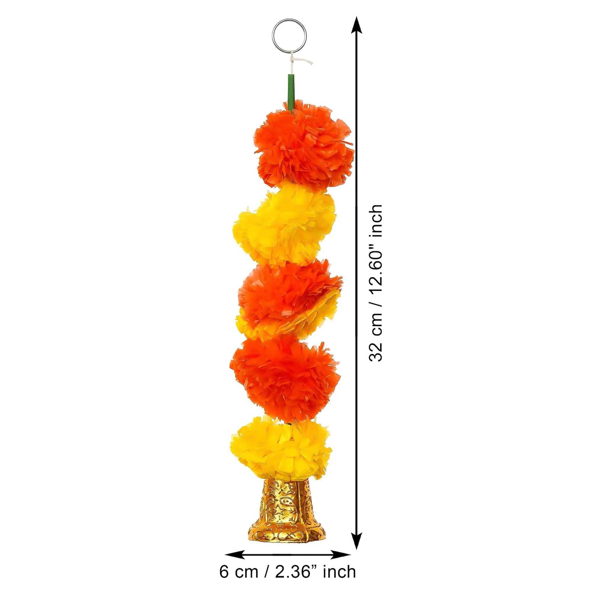 eCraftIndia Yellow Orange Artificial Marigold Flower Garland with Golden Bells (Pack of 6) - Artificial Flowers Wall/Door Hanging, Toran, Bandanwar for Home Decor - Ganpati, Diwali Decoration Items