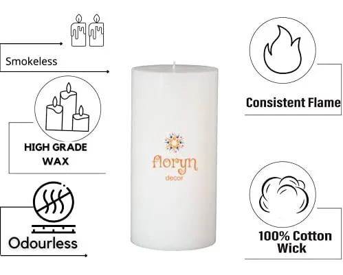 Floryn Decor White Pillar Candles for Decoration | Smokeless | Odourless | Dripless (4 * 6 inches)