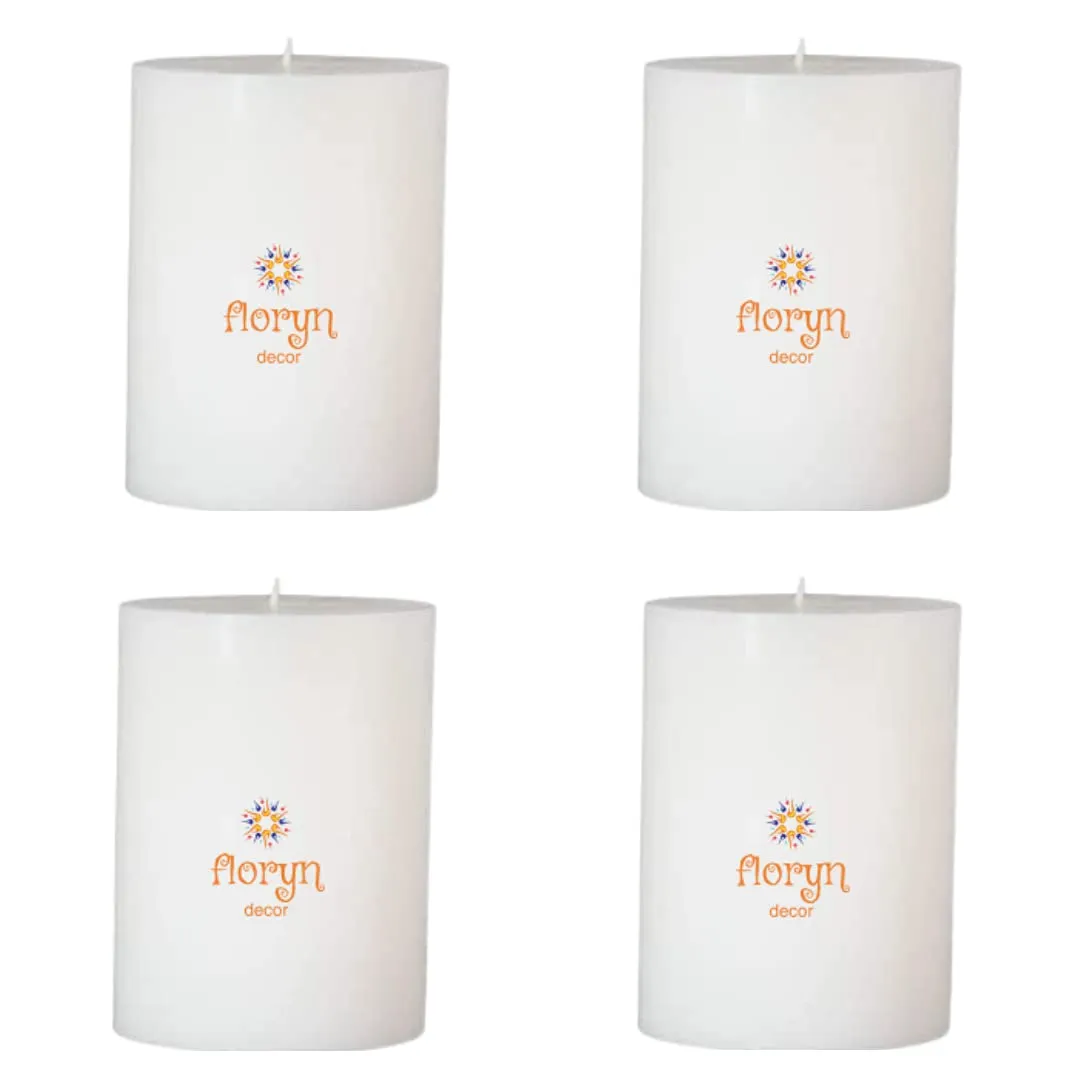 Floryn Decor White Pillar Candles Set of 4 | Smokeless | Odourless | Dripless | Long Burning Candle (Combo of 4) (3 by 3 inches)