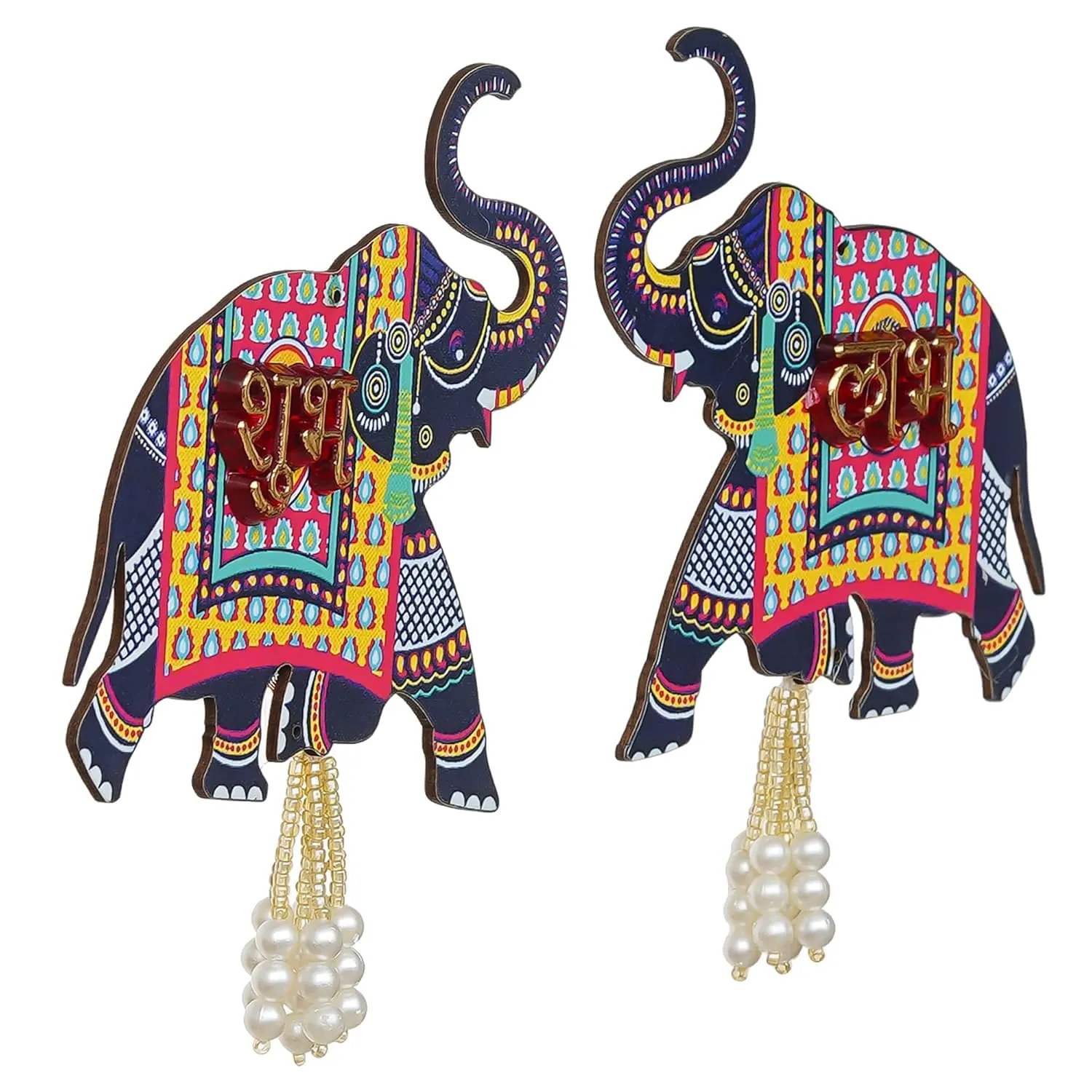 KamlaArt Handmade Elephant Designer Set of 2 with Shubh Labh Wall Hanging for Diwali Decoration|Pooja Temple Decor Hanging Home and Office Decor| Temple Decor Hanging