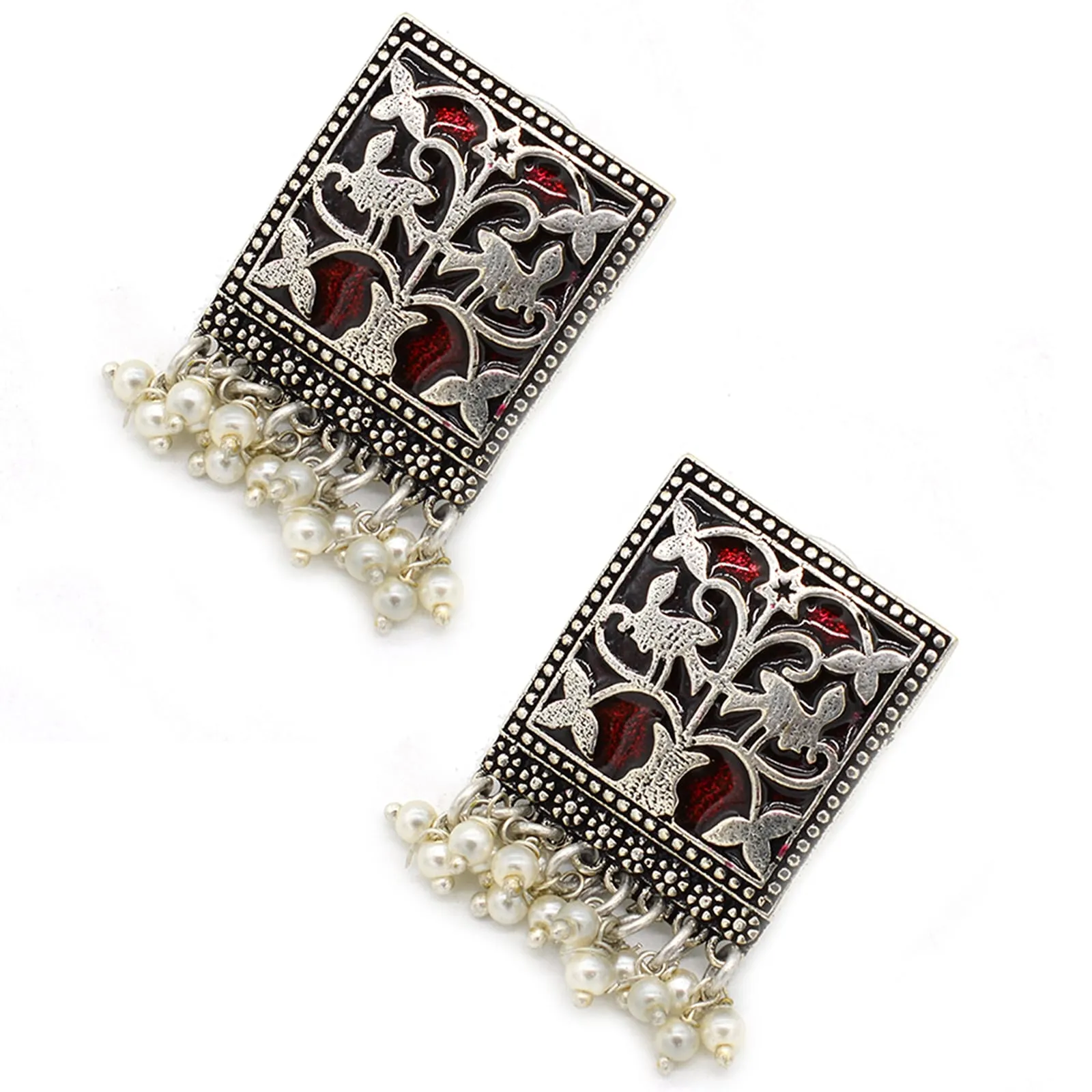 Miniature Red Enamel Silver Earrings