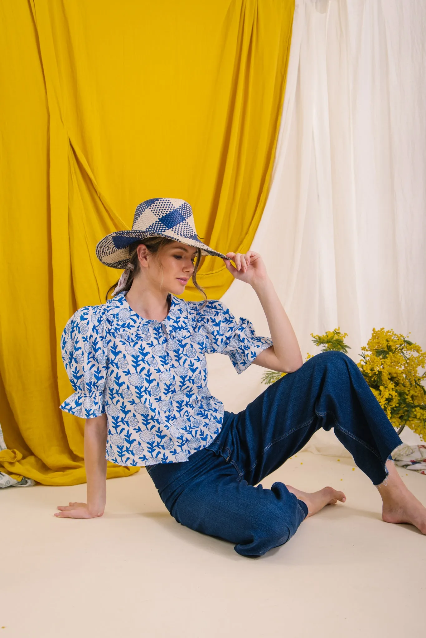Raffia Sun Hat in Navy/Cream