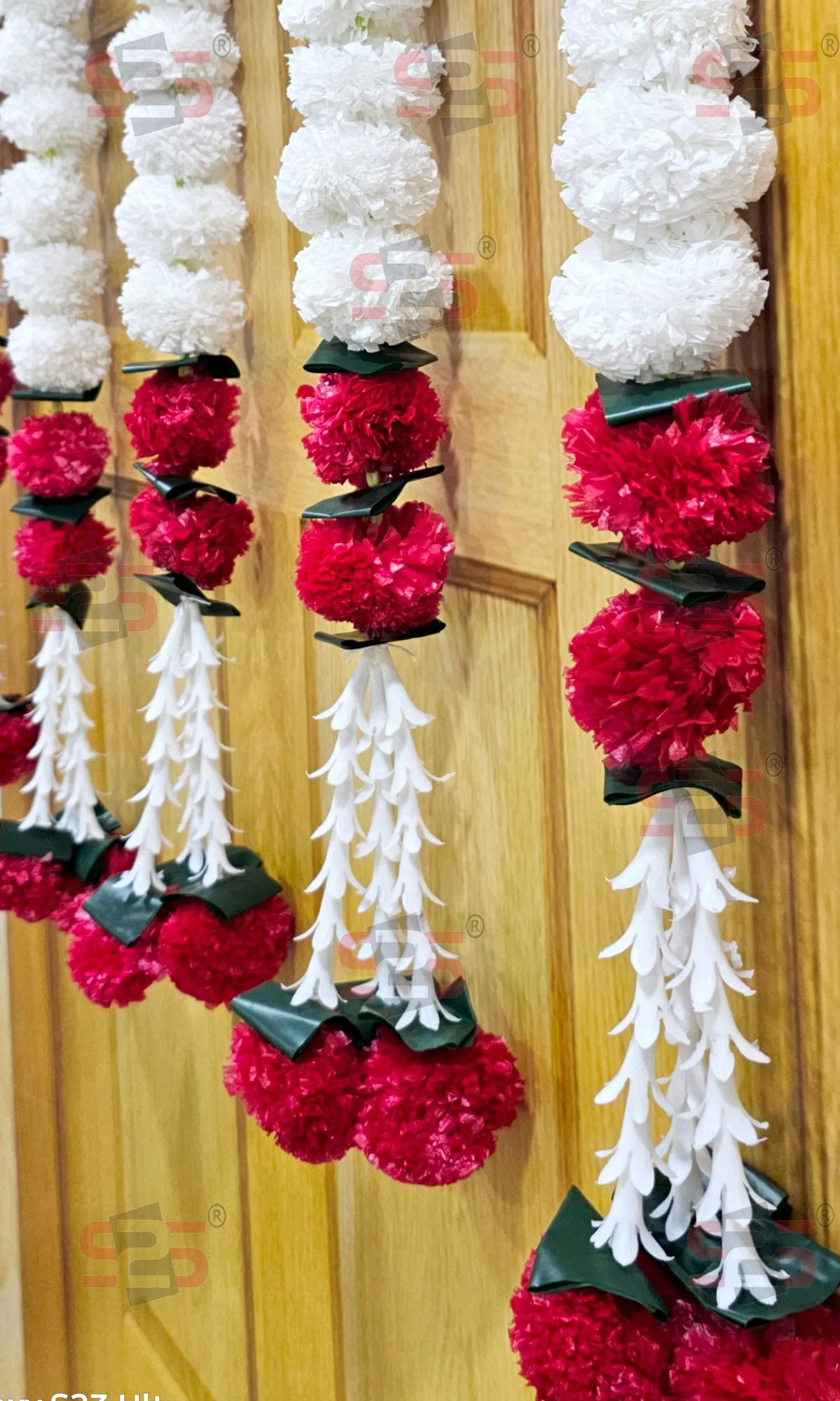 S2S Artificial Marigold Jasmine, Mogra, Green Leaves Tassles Garlands Ladi Strings for Decoration of Home, Balcony, Wall Hangings, Hall | Pack of 5 | (RED White Marigold)(Height - 24 Inch)